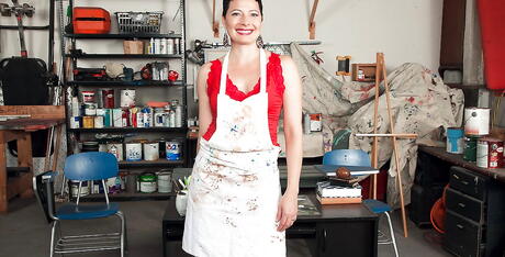 Curious american aged Kali Karinena in sexy skirt unveils tiny tits and jerks off 